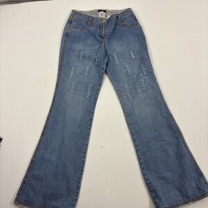 Escada Y2k  Mid Rise Wide Leg‎ Distressed Embroidered Raw Hem Mid Wash Jeans 36